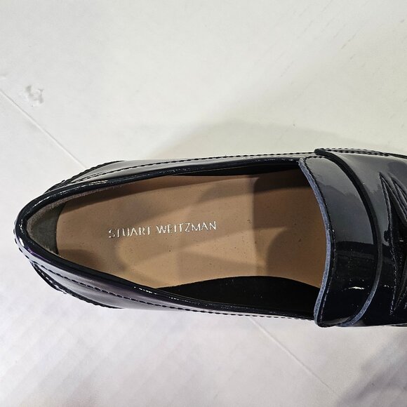 Stuart Weitzman, Adriana Navy Patent Leather Tassel Loafers New Condition - Picture 6 of 9